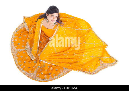 overhead view of Indian woman in traditional clothing sari Stock Photo