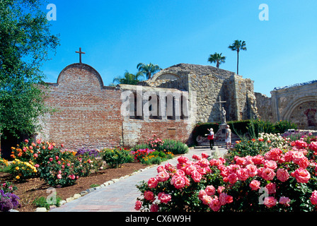 Mission San Juan Capistrano, California, USA - the Old Church, the Campanario (Bell Wall), and the Great Stone Church, Spring Stock Photo