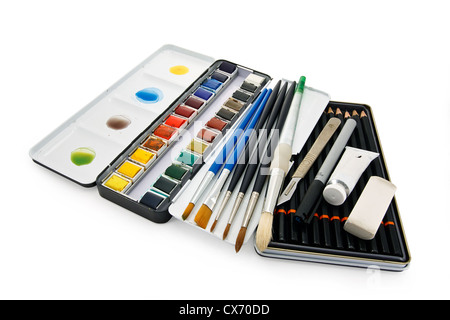 Arstists watercolor paint brushes, paints and equipment Stock Photo