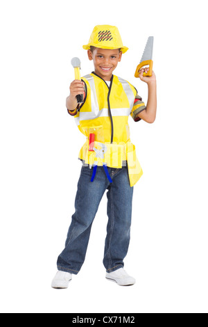 cute little boy in construction uniform and holding tools Stock Photo