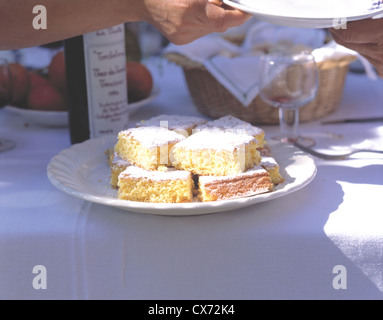 Still Fattoria La Vialla: Table with white linencloth, cake plate Stock Photo
