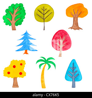 Set of Colorful Simple Trees, Watercolor Hand Drawn and Painted, Isolated on White Stock Photo