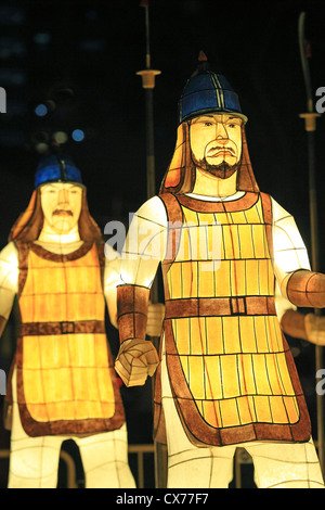 Illuminated sculptures of ancient Korean warriors in display in Chinatown, Singapore Stock Photo