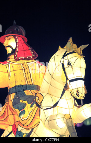Illuminated sculptures of ancient Korean warriors on display in Chinatown, Singapore Stock Photo