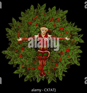 A cute Christmas elf is sitting in a Christmas wreath Stock Photo