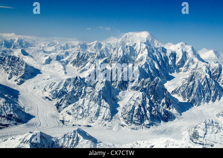 The Denali National Park in Alaska offers beautiful mountain and glacier scenery from the air. Stock Photo