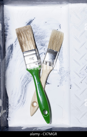 Two new house painting brushes crossing each other and lying in an old paint tray Stock Photo