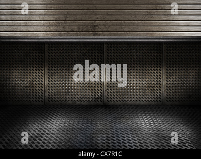grungy metal industrial plates room with rolled up door Stock Photo