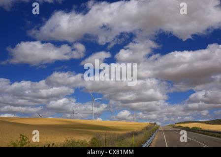 Wind turbines and blue sky with clouds, Spain. Stock Photo