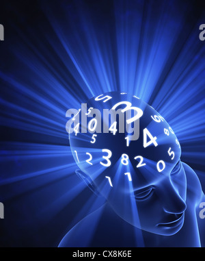 The head is thinking in numbers. The light represents the energy, the power of mind in the processing. Stock Photo