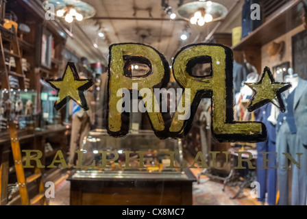 New York City, NY, USA, Outside, Fashion Luxury Brands, Clothing Store at Night, Ralph Lauren, detail sign on Shop Front window Stock Photo