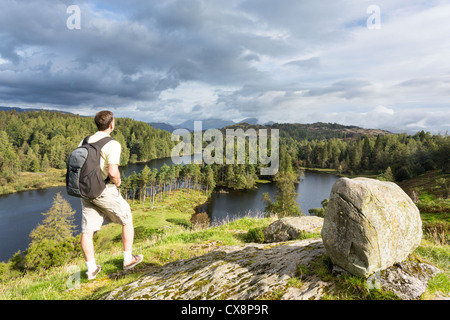 Backpacker looks over Tarn Hows walking near Hawkshead in the English Lake District, UK Stock Photo