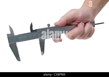 Hand using a caliper to measure on a white background Stock Photo