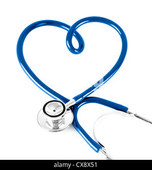 Blue stethoscope in the shape of heart beat on white background Stock ...