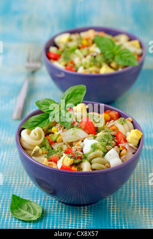 Pasta salad with sunflower seeds pesto. Recipe available. Stock Photo