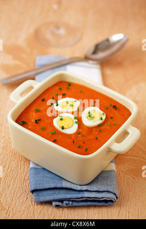 Vegetables cream with eggs of quail. Recipe available. Stock Photo