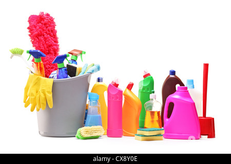 Cleaning supplies isolated on white background Stock Photo