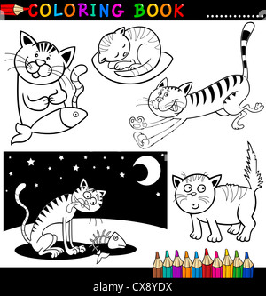 Coloring Book or Page Cartoon Illustration of Funny Cats for Children Stock Photo