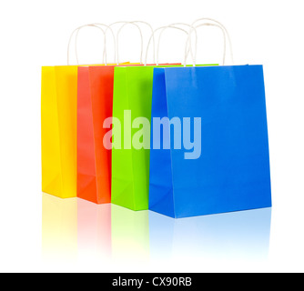 colorful shopping bags set including red, yellow, blue and green on white background Stock Photo