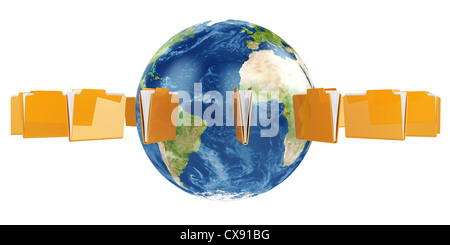 3d illustration of Earth globe with flying folders around Stock Photo