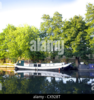 Boats on the River Lee (or Lea), Lee Valley, London, England, UK, narrow, boat, boats, boating, narrowboat, narrowboats, Britain Stock Photo