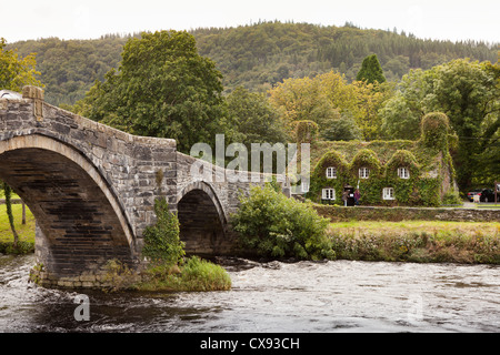 The three-arch stone bridge, Pont Fawr, in Llanrwst, Wales. Tu Hwnt i'r Bont in the background. The river Conwy passes under. Stock Photo