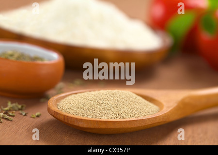 Basic ingredients of a pizza: Active dry yeast on wooden spoon with oregano, flour, tomato and basil in the back Stock Photo