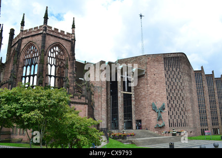 Ruins of Coventry Cathedral bombed during the Blitz in World War 2 with the New Cathedral built next to the ruins Stock Photo