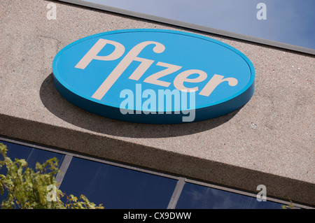 Pfizer pharmaceutical company sign, logo Stock Photo