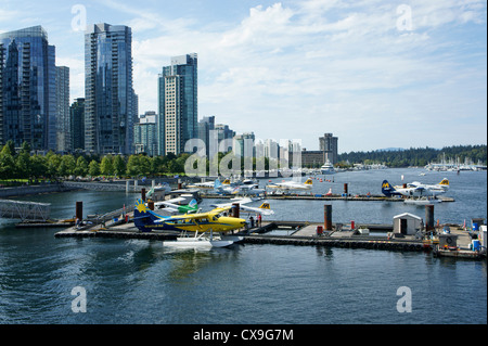 Floatplanes or seaplanes docked at the Vancouver Harbour Water Airport in Coal Harbour, Vancouver, BC, Canada