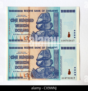 Reserve Bank of Zimbabwe One Hundred Trillion Dollars bank note.