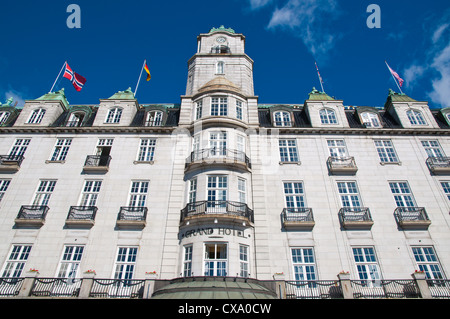 Grand Hotel is housed in building from 1874 along Karl Johans Gate street Sentrum central Oslo Norway Europe Stock Photo