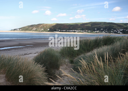 Aberdyfi from sand dunes on Borth beach at low tide in summer Stock Photo