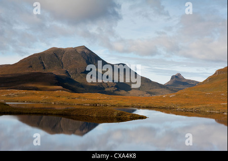 Cul Beag and Stac Polly mountains, from Loch an Ais, Knockan. Inverpolly. Wester Ross. Scotland.   SCO 8545 Stock Photo