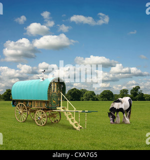 Old Gypsy Caravan, Trailer, Wagon with Horse Stock Photo