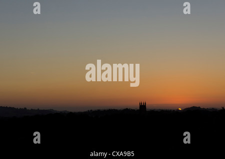 St Cuthbert's Church, Wells, Somerset seen from a distance at sunset. The church used for the village fete in the movie Hot Fuzz Stock Photo