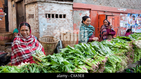 Nepali women selling green vegetables at a market in Kathmandu, Nepal Stock Photo
