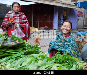 Nepali women selling green vegetables at a market in Kathmandu, Nepal Stock Photo