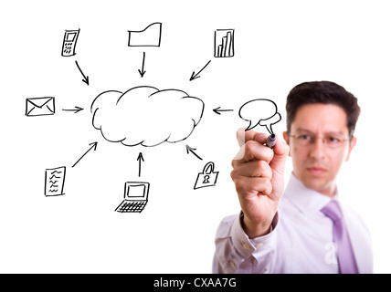 Businessman writing a cloud computing diagram on the whiteboard (selective focus) Stock Photo