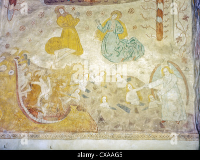 16th century mural depicting Jesus Christ saving people from the devil in the medieval St. Lawrence Church in Lohja, Finland Stock Photo