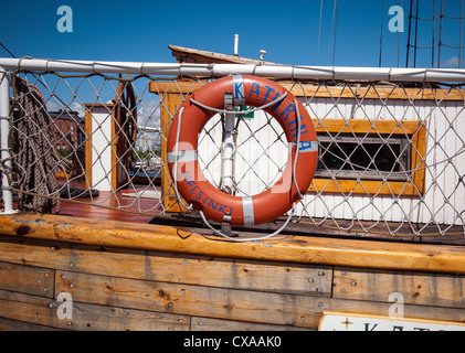 Old wooden charter boat detail. Halkolaituri Firewood Quay Helsinki Stock Photo