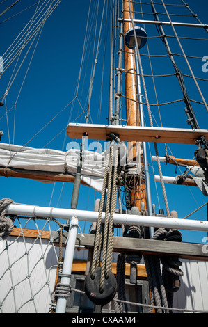 Traditional wooden boat detail. Moored on Helsinki Halkolaituri Firewood Quay Stock Photo