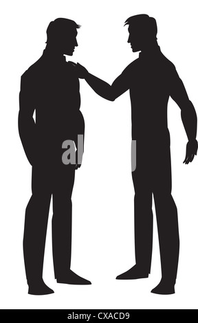 Silhouette of two men talking, black, vector illustration Stock Photo