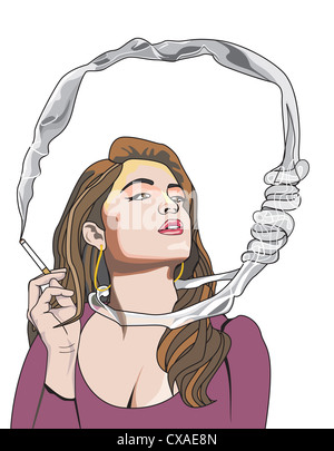 Cigarette Kills You, woman smoking, noose around the neck, vector illustration Stock Photo