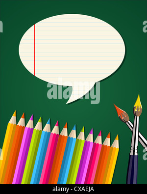 Colorful pencils and paint brushes back to school background. Vector illustration layered for easy manipulation and custom coloring. Stock Photo