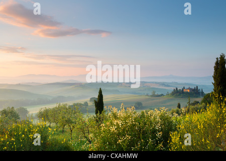 Sunlight at early dawn on Belvedere villa in Tuscany at San Quirico d'Orcia Stock Photo
