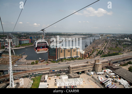 View from a cable car during the launch of the Emirates Air Line showing Excel Exhibition Centre in background, London, England Stock Photo