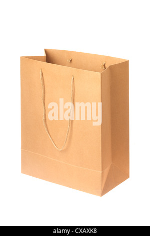 Brown empty paper bag, isolated on white. Stock Photo