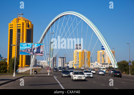 Traffic on bridge over the Ishim River, looking towards the old city, Astana, Kazakhstan, Central Asia, Asia Stock Photo