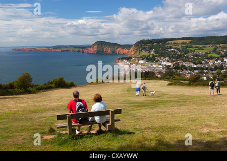 View from Salcombe Hill to town and red cliffs, Sidmouth, Devon, England, United Kingdom, Europe Stock Photo